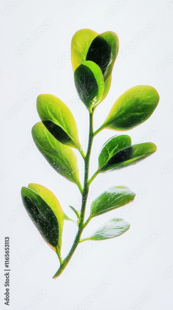 Obraz premium A Captivating Close-up of a Fresh Green Plant Branch with Vibrant Foliage. A Stunning Display of Nature's Beauty. Ideal for Nature Lovers and Botanical Enthusiasts.