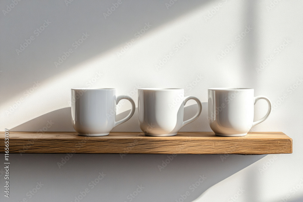 Three white mugs sit on a wooden shelf, bathed in sunlight, creating a minimalist and serene scene. Three white mugs sit on a wooden shelf, bathed in sunlight, creating a minimalist and serene scene.