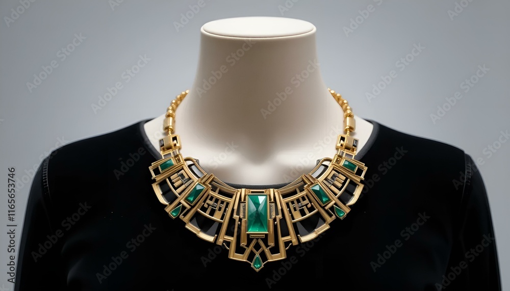 Stylish geometric emerald necklace displayed on a mannequin, highlighting its art deco-inspired design Stylish geometric emerald necklace displayed on a mannequin, highlighting its art deco-inspired design