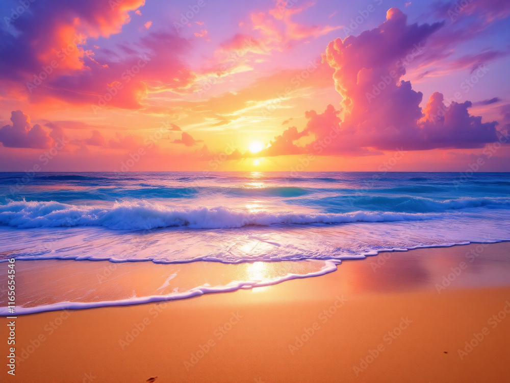 Obraz premium Sailboat silhouette at sunset, calm ocean, vibrant sky reflection.