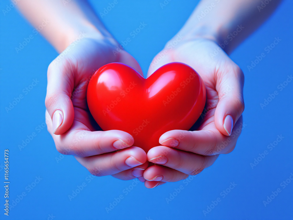 Hands holding a glowing red heart against a blue background, symbolizing love and care. Hands holding a glowing red heart against a blue background, symbolizing love and care.