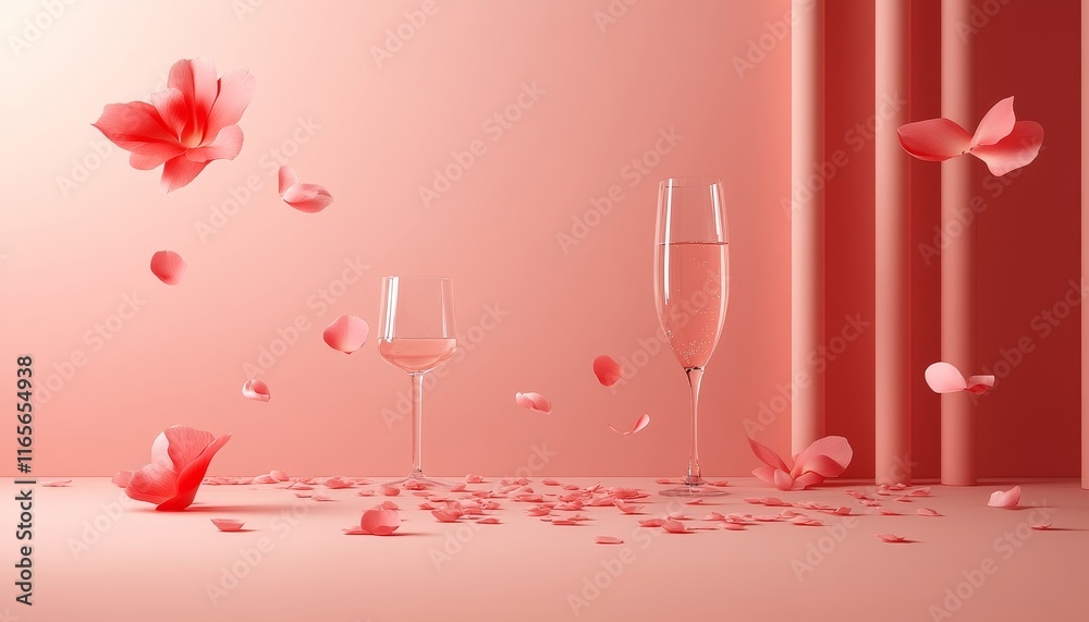 Minimalist Festive Background, Rose Wine And Petals Decoration. Valentine s Day Design Minimalist Festive Background, Rose Wine And Petals Decoration. Valentine s Day Design