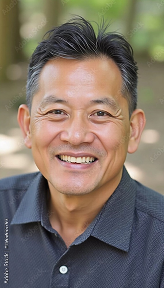 A cheerful male resident of Thailand stands outdoors, beaming with a warm smile. Sunlight filters through the trees, highlighting his relaxed demeanor and happy expression. Generative AI A cheerful male resident of Thailand stands outdoors, beaming with a warm smile. Sunlight filters through the trees, highlighting his relaxed demeanor and happy expression. Generative AI