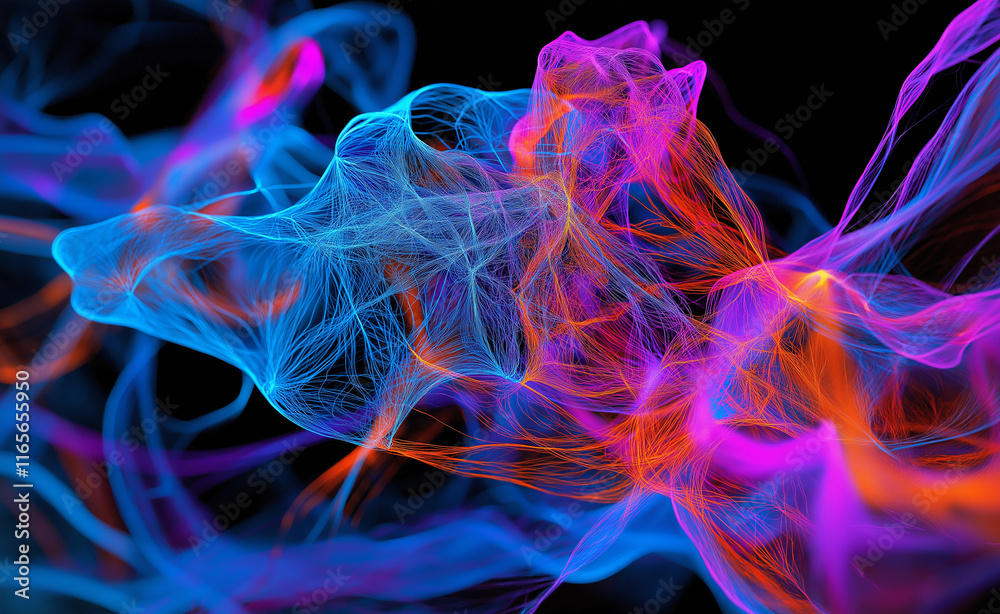 Obraz premium Abstract glowing neural network with vivid blue, purple, and orange strands interconnected, symbolizing brain activity and artificial intelligence.