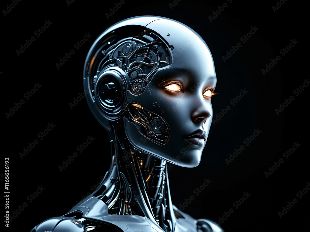 Futuristic female android with glowing eyes and exposed mechanical components on a dark background. Futuristic female android with glowing eyes and exposed mechanical components on a dark background.