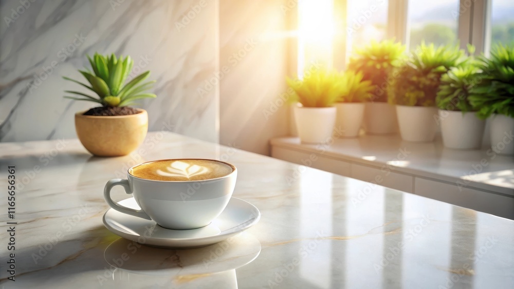 Fototapeta premium Morning Latte on a Marble Table with Sunlight Streaming Through Window