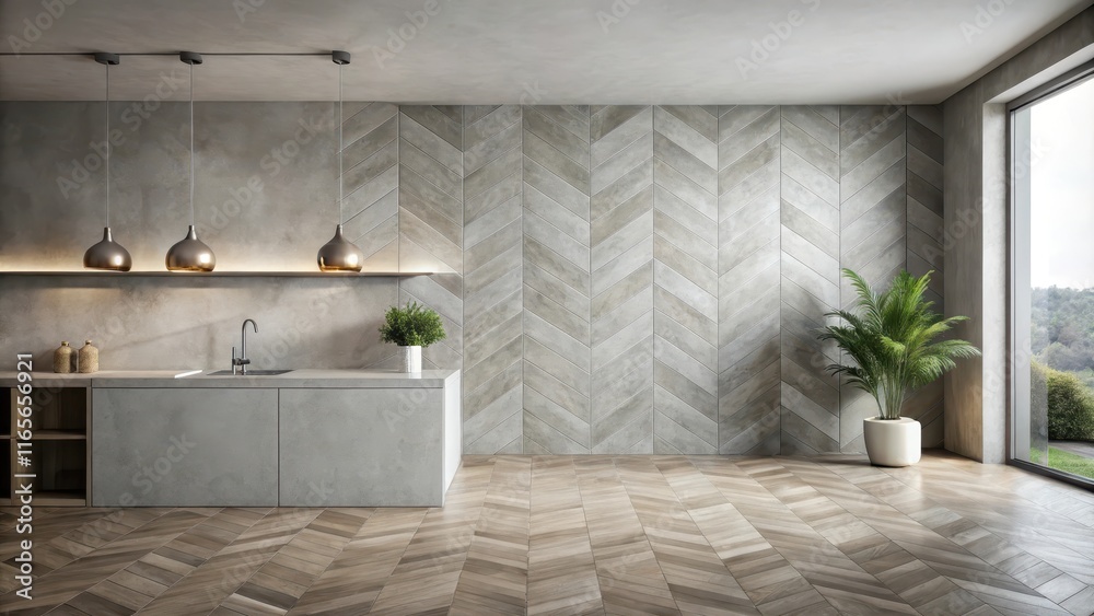 Obraz premium Modern kitchen design with herringbone flooring and concrete wall
