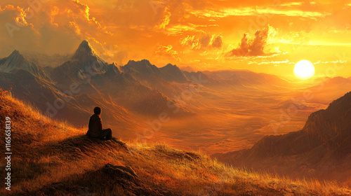 A quiet soul sitting alone on a hill, watching the sun dip beneath the distant mountains.