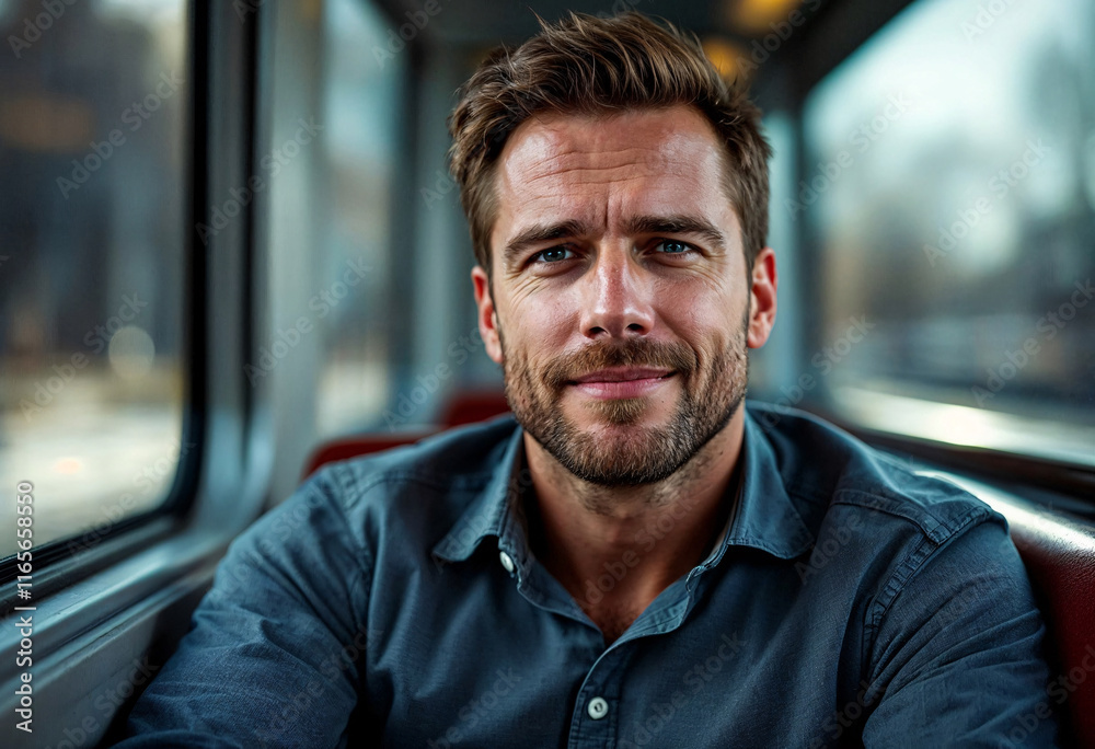 Man with short hair and a confident smile sitting in a train carriage during daytime commute