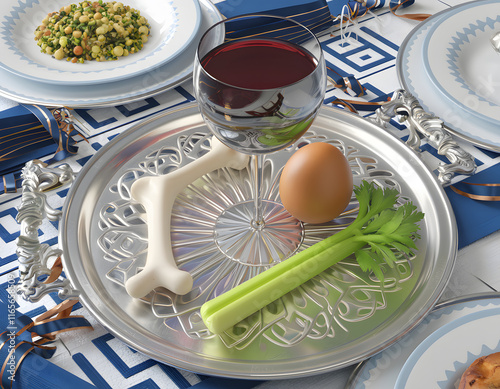 traditional seder plate with symbolic passover items and a festive table setting, celebrating jewish heritage