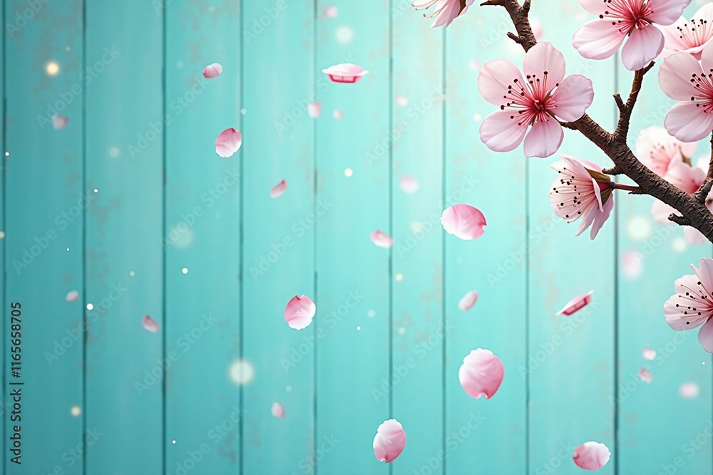 Fototapeta premium Delicate Sakura Blossoms on Turquoise Wooden Panels with Petals Falling - A Celebration of Japanese Spring and Beauty