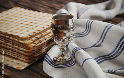 stack of matzah bread with a silver goblet and a white cloth, symbolizing passover traditions and heritage