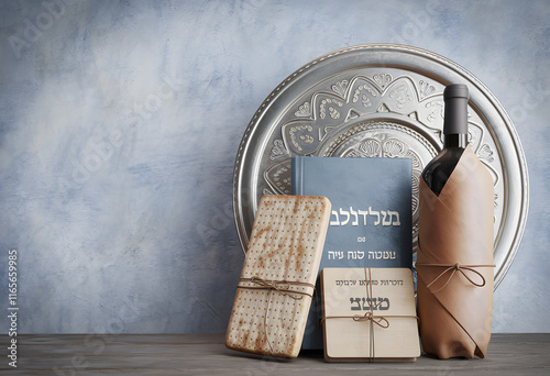 matzah bread with a silver seder plate and kosher food items, symbolizing passover preparation