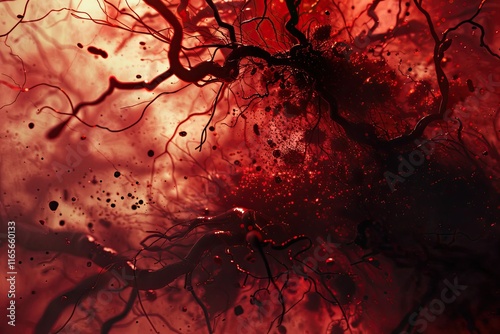 Red and white blood cells in a blood vessel during illness, vibrant 3D rendering.