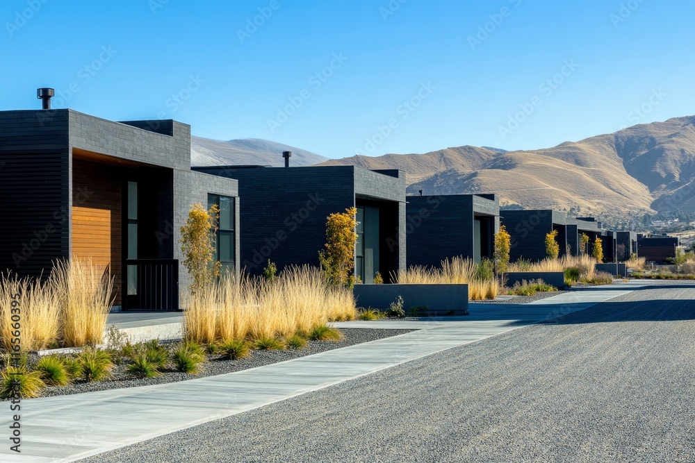 The row of Just finished modern houses with blue sky backgrounds and copy space, the architectural design of the exterior, The concept for Sale, Rent, Housing, and Real Estate. The row of Just finished modern houses with blue sky backgrounds and copy space, the architectural design of the exterior, The concept for Sale, Rent, Housing, and Real Estate.