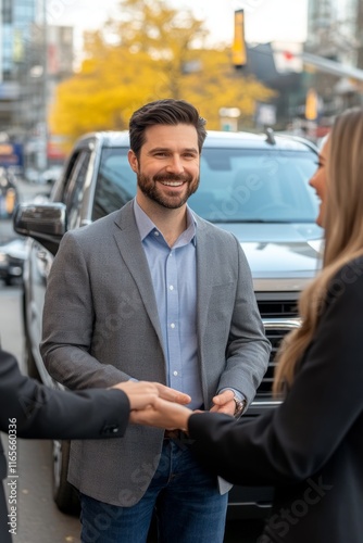 Candid photorealistic image of salesperson interacting with customers by rugged truck in dealership