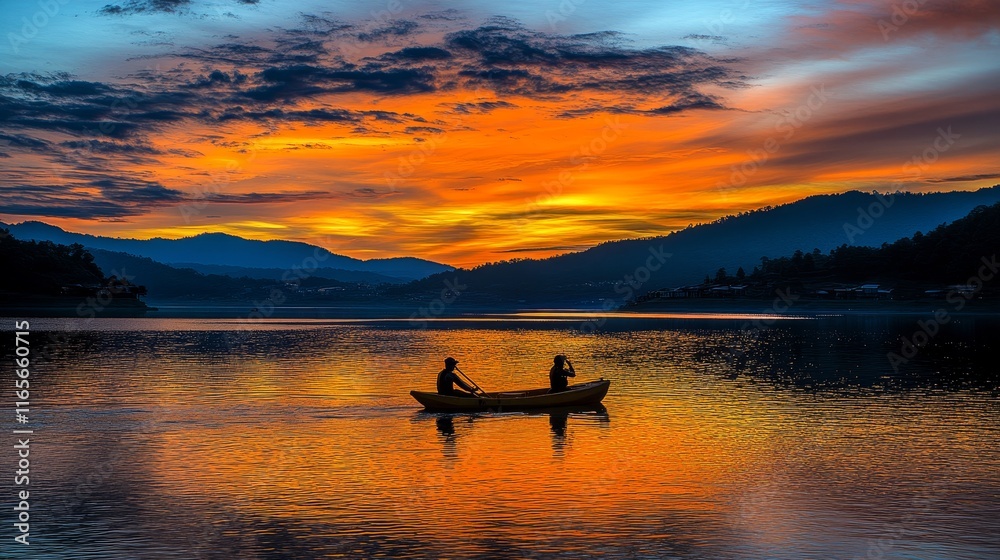 Golden Hour Kayak Silhouettes Enjoying Tranquil Lake Sunset with Vibrant Reflections Golden Hour Kayak Silhouettes Enjoying Tranquil Lake Sunset with Vibrant Reflections
