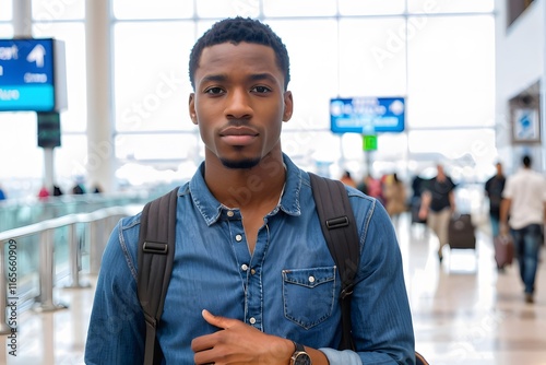 Young black man holding the luggage while walking in the airport with copy space photo