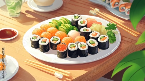 A white plate filled with a variety of sushi, including vibrant rolls and nigiri