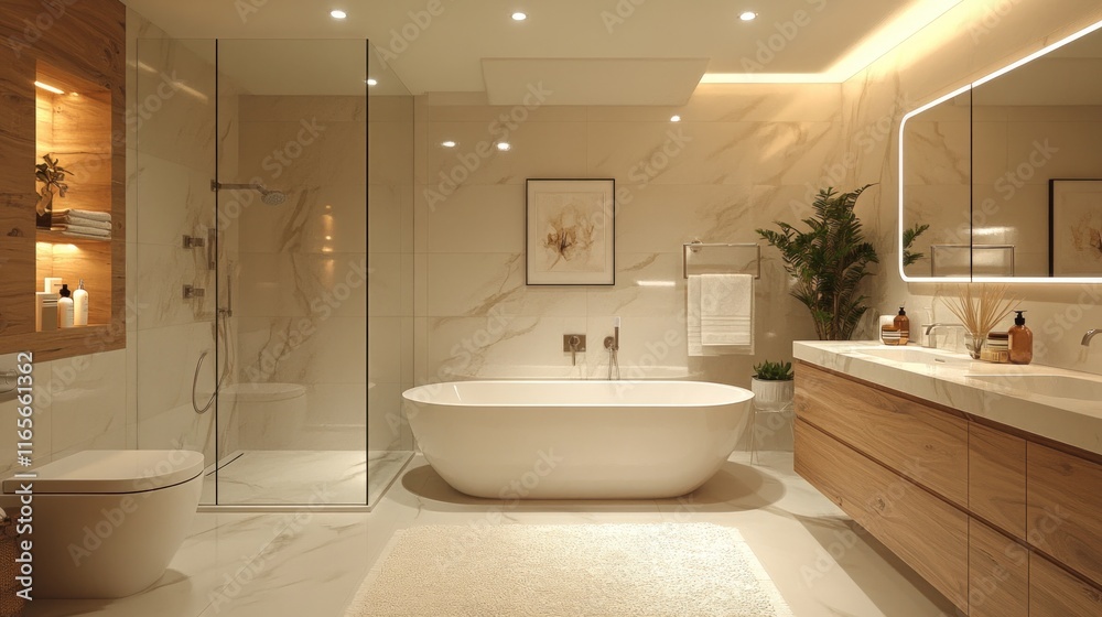 Modern beige bathroom, bathtub, wooden vanity. Modern beige bathroom, bathtub, wooden vanity.