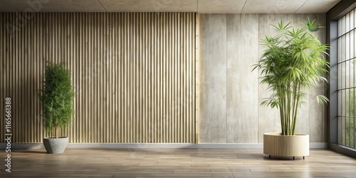 Serene minimalist room interior design with wooden wall accents and potted plants