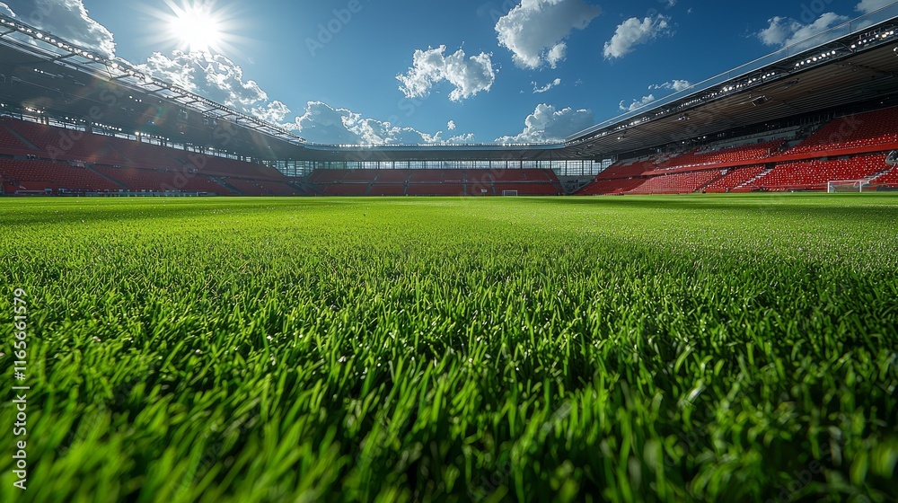 Fototapeta premium Lush green soccer field at a modern stadium under a bright sunny sky.