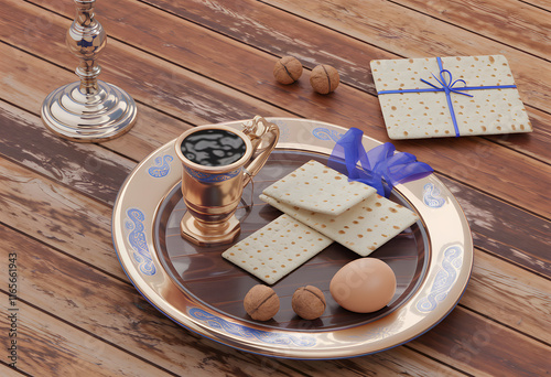 Traditional seder plate with matzah and wine, beautifully arranged on a wooden table photo