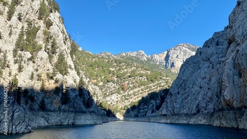 Olmapinar Baraji Reservoir, Manavgat, Turkey. Water with mountains.