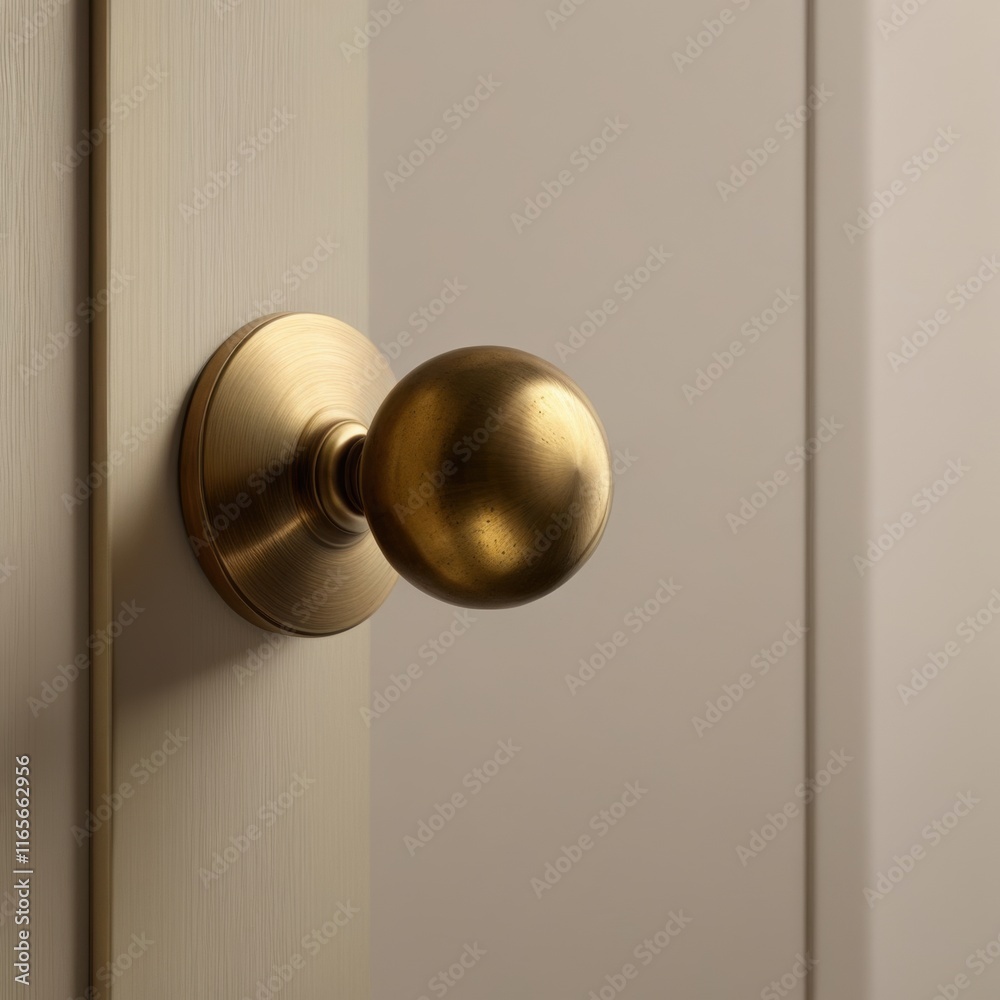 A classic, round door knob with a polished brass finish, mounted on a white door. A classic, round door knob with a polished brass finish, mounted on a white door.