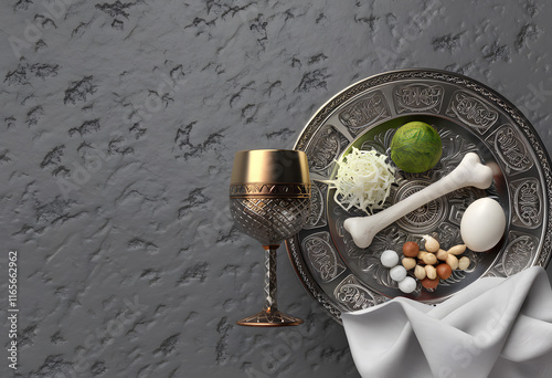 Traditional seder plate with symbolic items and a glass of wine on a dark textured background photo