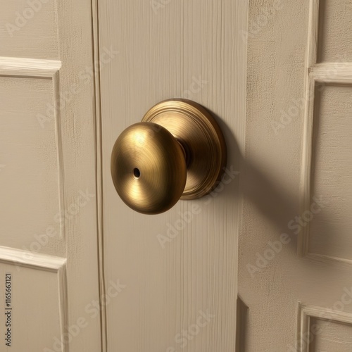 A classic, round door knob with a polished brass finish, mounted on a white door.