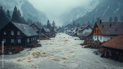 Floodwaters inundate mountain village, houses damaged.