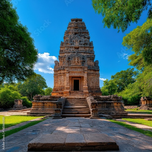 [Ancient stone temple architecture] Ancient Temple Marvel Majestic Stone Structure Amidst Lush Greenery Under Clear Blue Sky photo