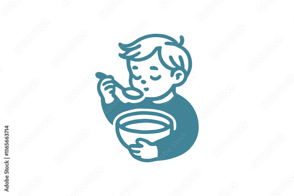 Minimalist blue vector icon of a toddler eating with a spoon from a bowl