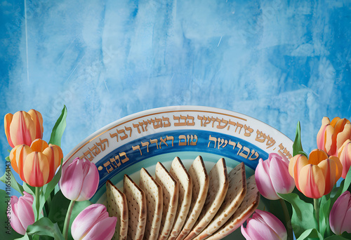 Festive Passover matzah display adorned with floral decor and Hebrew text, blending tradition and artistry to create a meaningful holiday message and celebrate the Jewish cultural heritage with beauty photo