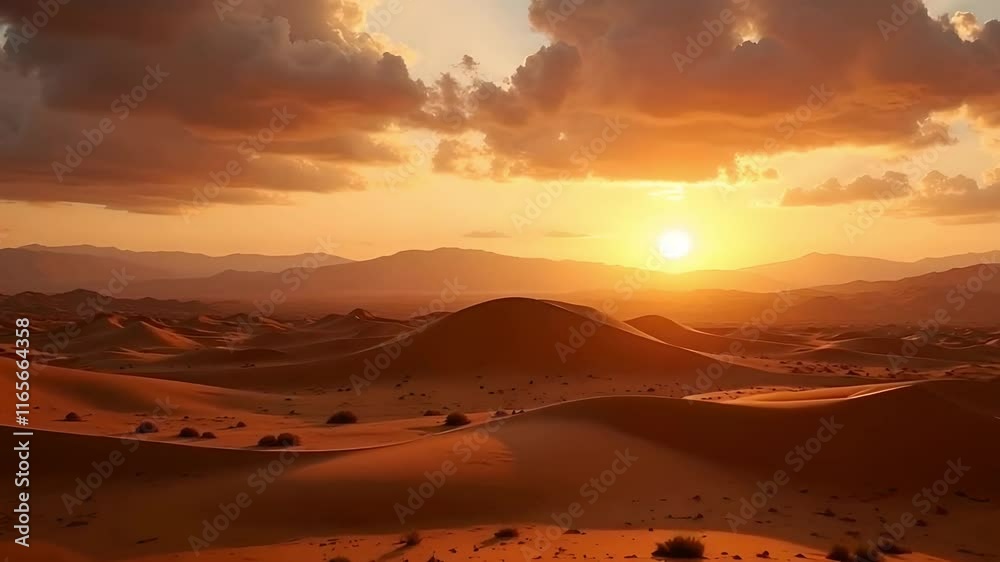 Time-lapse of clouds moving over a vast desert landscape with dunes glowing in the sunset. Time-lapse of clouds moving over a vast desert landscape with dunes glowing in the sunset.