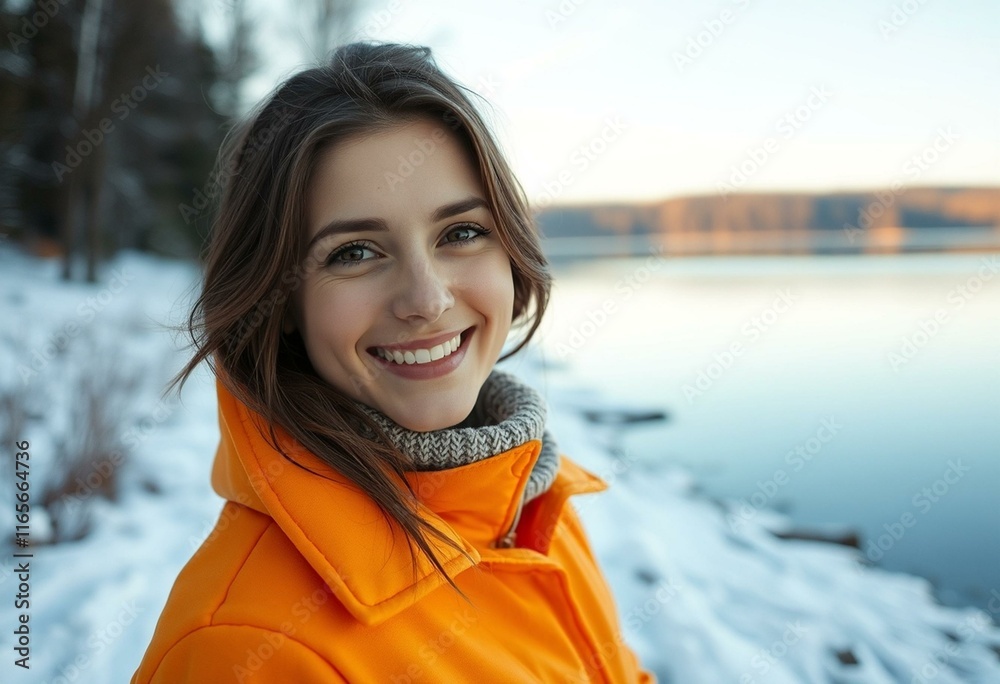 Winter portrait of a smiling female with a calm lake background Winter portrait of a smiling female with a calm lake background