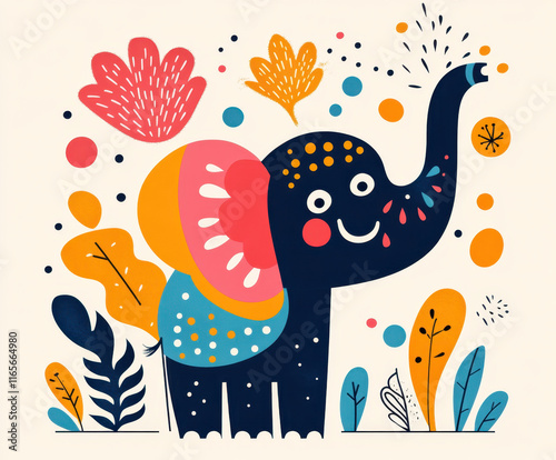 A cheerful, colorful illustration of an elephant surrounded by vibrant flowers and foliage, showcasing a playful and whimsical design. photo