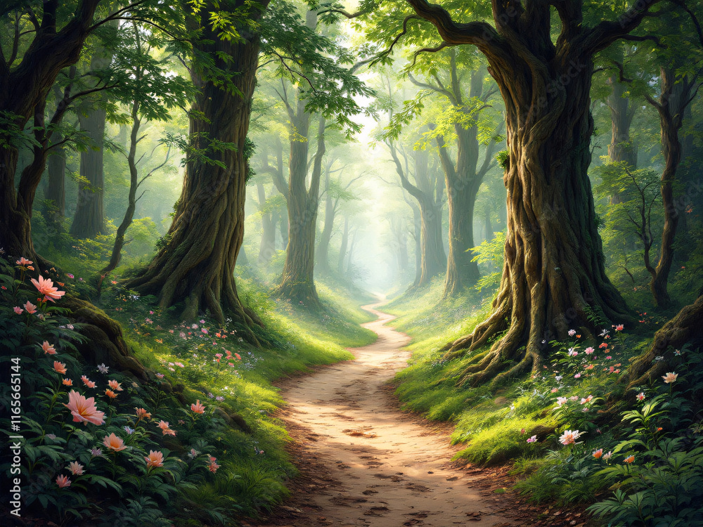 Naklejka premium Misty forest scene with tall trees fading into a thick, ethereal fog, creating a serene atmosphere.