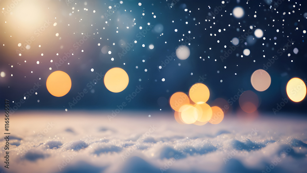 Fototapeta premium Snow falling on snowy ground with blurred lights in winter night