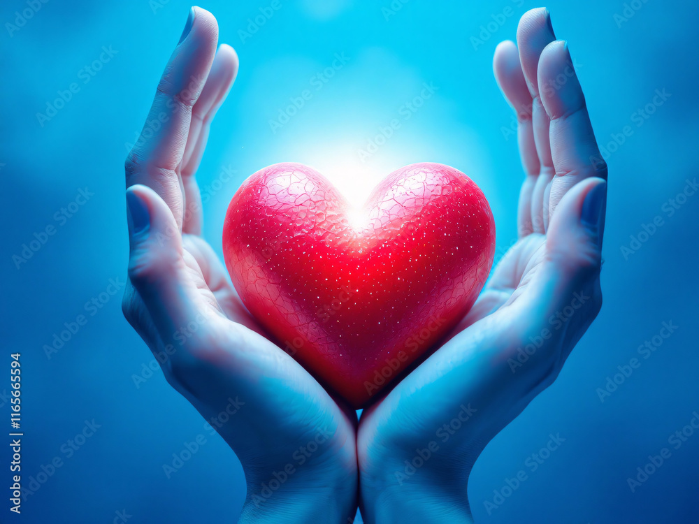 Fototapeta premium Hands holding a glowing red heart against a blue background, symbolizinHands holding a glowing red heart against a blue background, symbolizing love and care.g love and care.