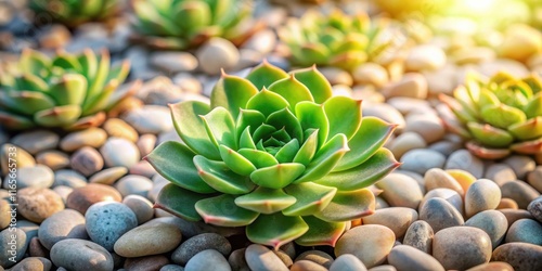 A vibrant green succulent plant with soft, pointed leaves flourishes amidst smooth, rounded stones, basking in the gentle glow of sunlight. photo