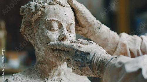 A sculptor working with clay, their hands covered in materials, showcasing the tactile nature of creativity.
