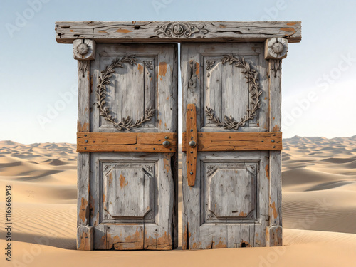 An old locked door in the middle of a vast desert. photo