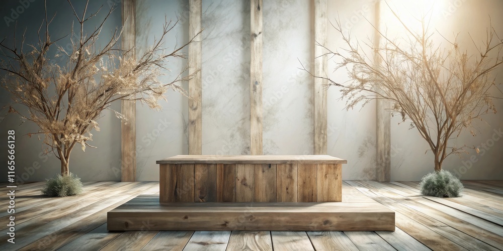 Rustic wooden display platform against a backdrop of weathered wooden beams and a sunlit white wall with dried branches in vases Rustic wooden display platform against a backdrop of weathered wooden beams and a sunlit white wall with dried branches in vases