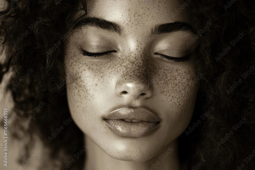 Close-up sepia portrait of a young woman with freckles and curly hair, eyes closed, peaceful expression. Close-up sepia portrait of a young woman with freckles and curly hair, eyes closed, peaceful expression.
