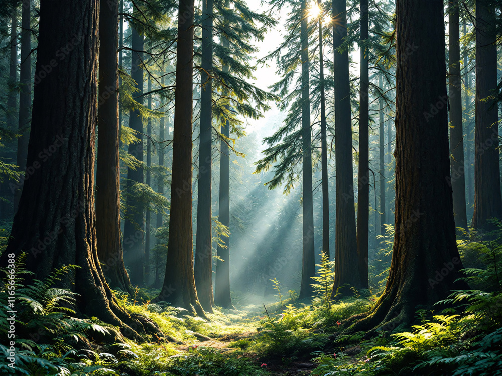 Obraz premium Misty forest scene with tall trees fading into a thick, ethereal fog, creating a serene atmosphere.