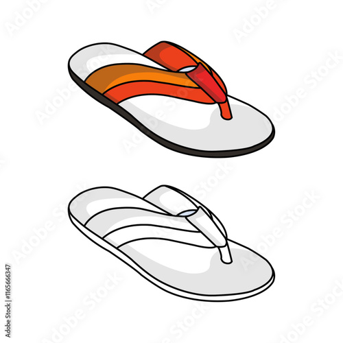 "Colorful and Monochrome Flip Flops Illustration - Vibrant Summer Footwear Design with Detailed Line Art for Fashion and Apparel Conceptson on white background.