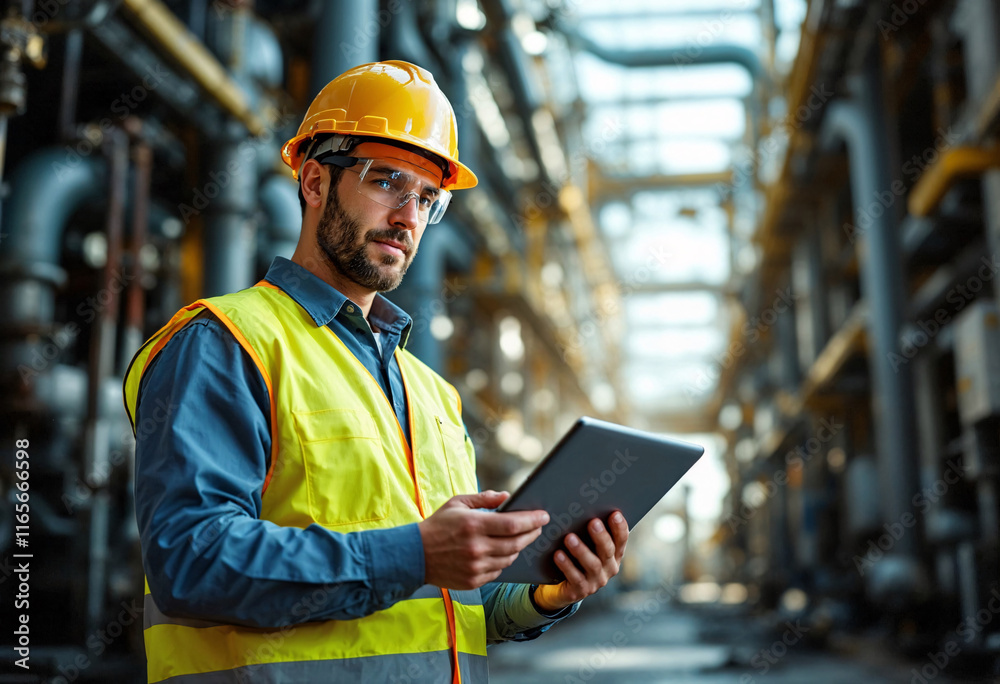 Construction worker evaluates project progress with tablet in industrial facility during daylight hours Construction worker evaluates project progress with tablet in industrial facility during daylight hours