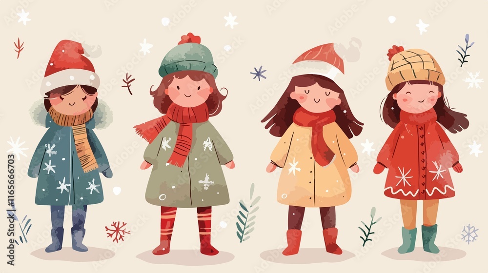 Hand-Drawn Cute Winter Girls Collection - Four Little Beauties Hand-Drawn Cute Winter Girls Collection - Four Little Beauties